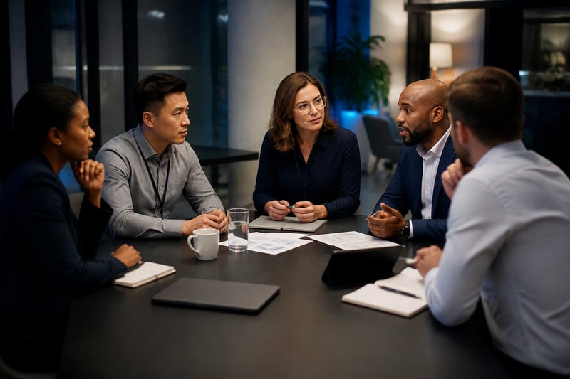 Business professionals collaborating during a cybersecurity incident response exercise